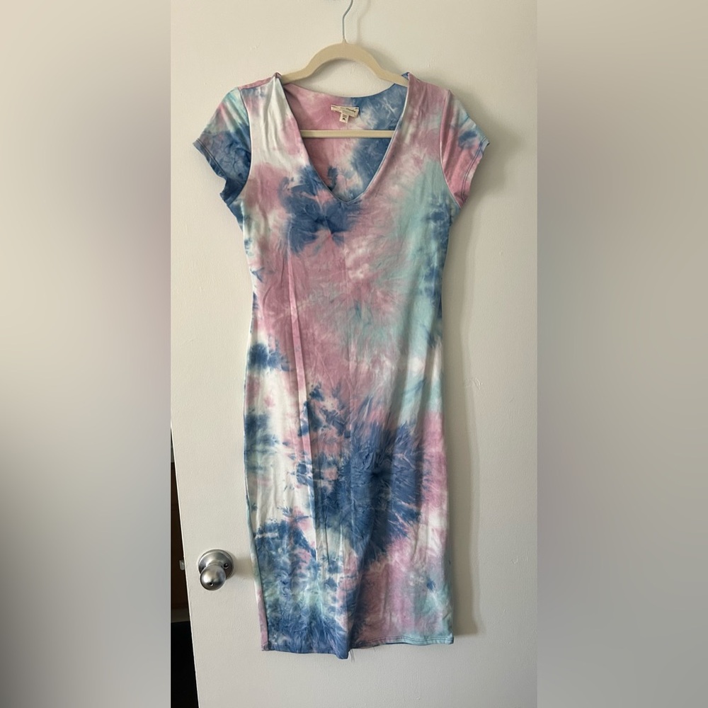 Pink and Blue Tye Die Dress - Midi Dress - Body Con - Short Sleeve